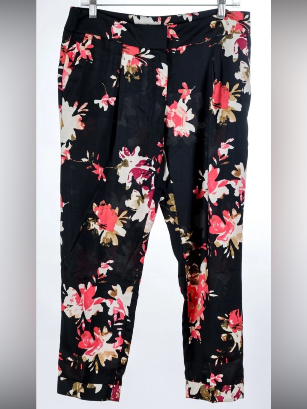 Loft Women’s Pants 6P Black Floral  Marisa Straight Pleated Unlined